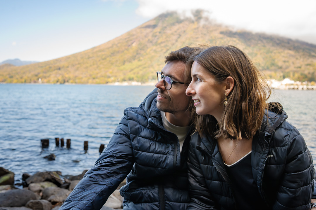 Couple at Lake Chuzenji in autumn