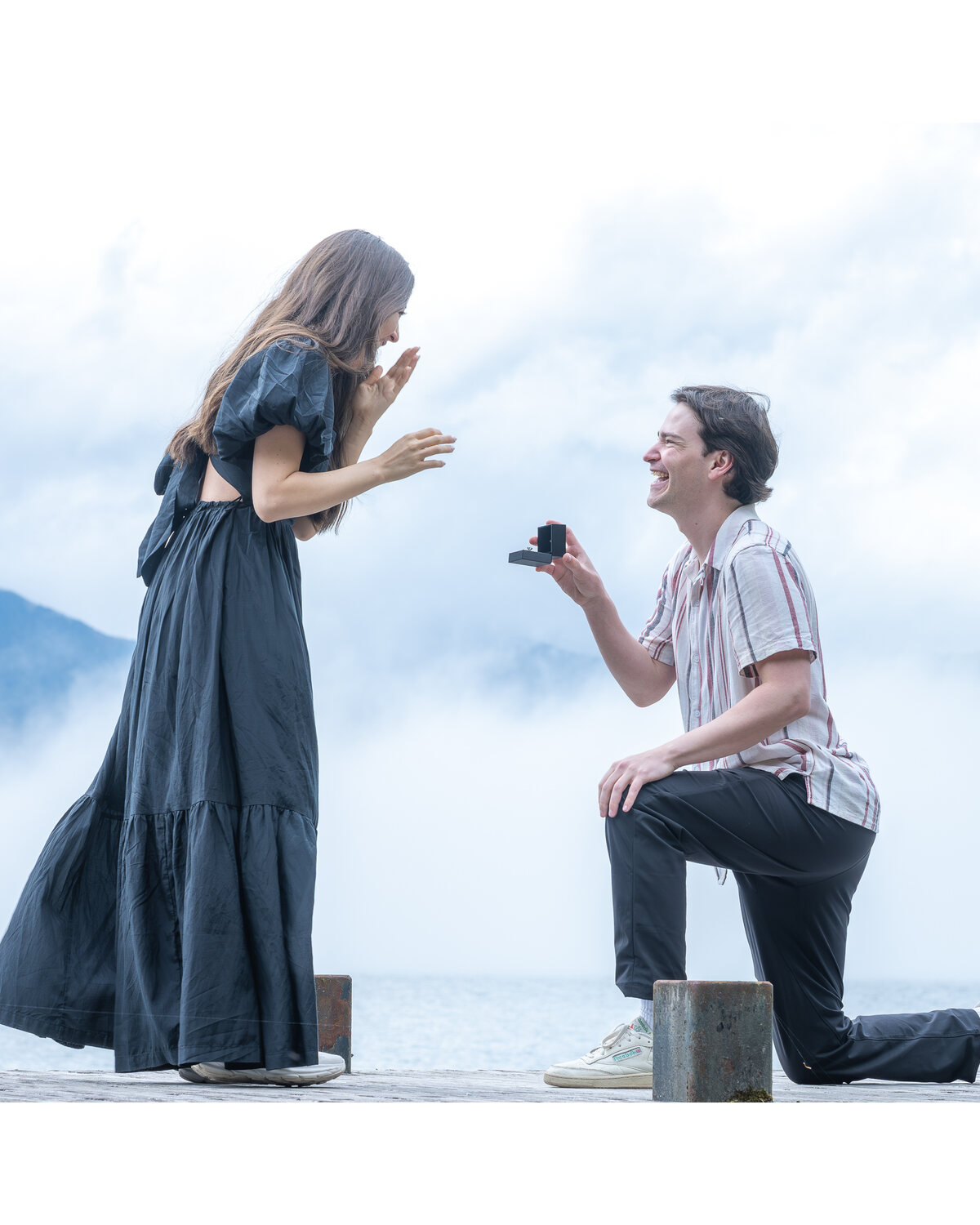 Surprise proposal by a misty lakeside in Japan